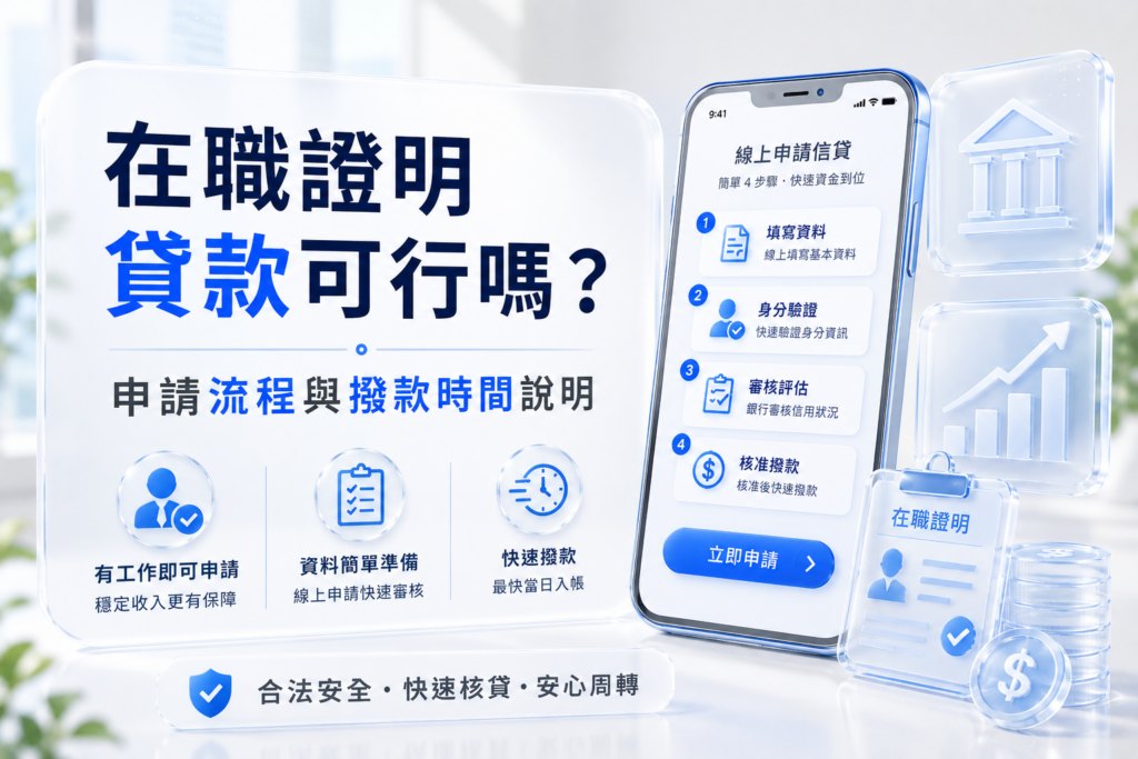 Promotional banner in Chinese about loan eligibility; large blue title and subheading with icons, plus a smartphone showing step-by-step loan application and bank/finance icons.